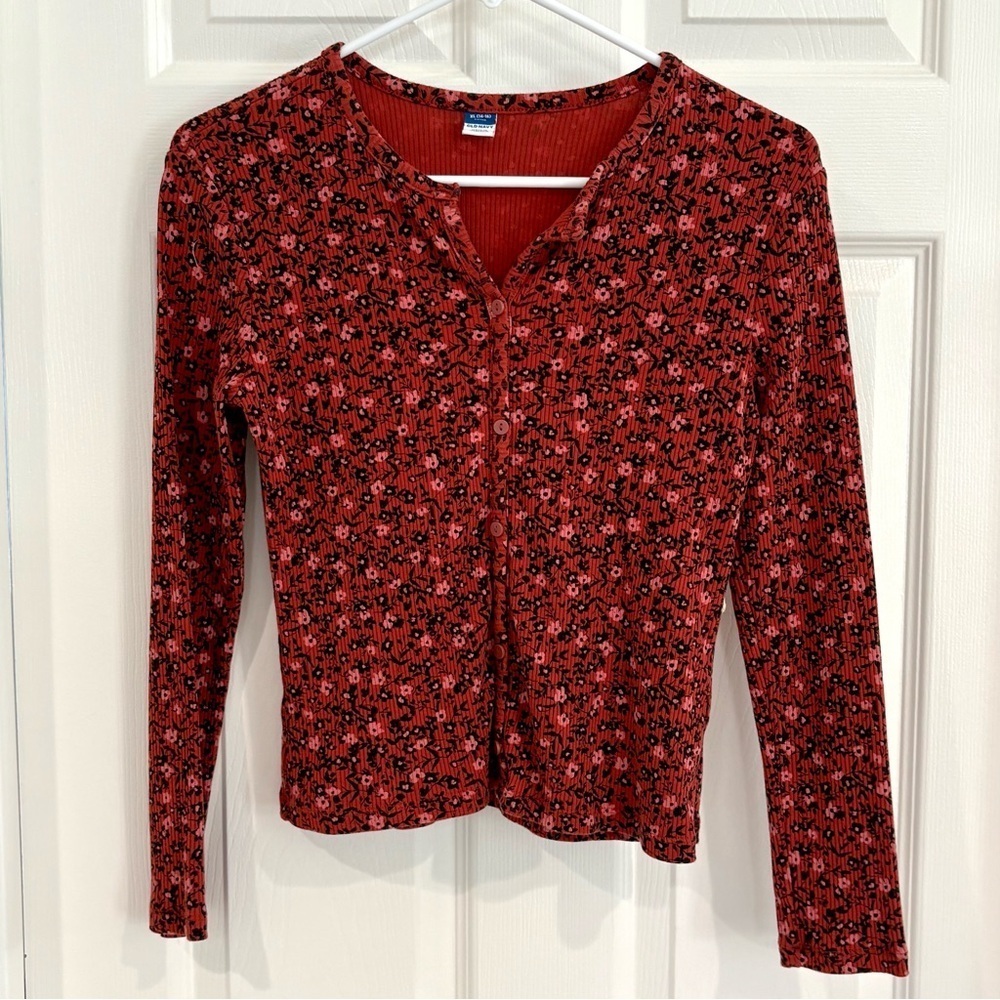 Old Navy Girl Fitted Ribbed Burgundy Black Floral Button-Up Top Sz XL 14/16